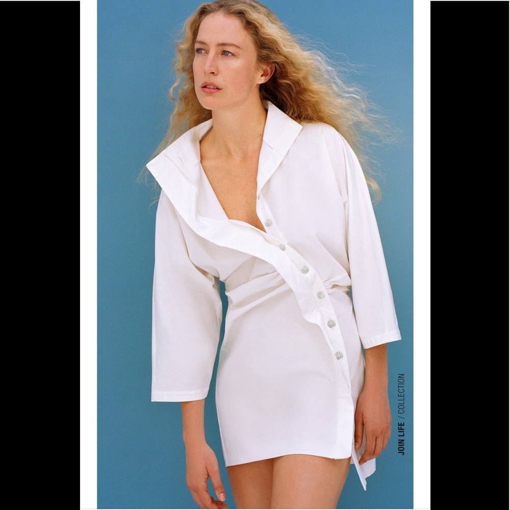 🩵 ZARA Poplin Mao Neck Asymmetric Ruched Mini Dress